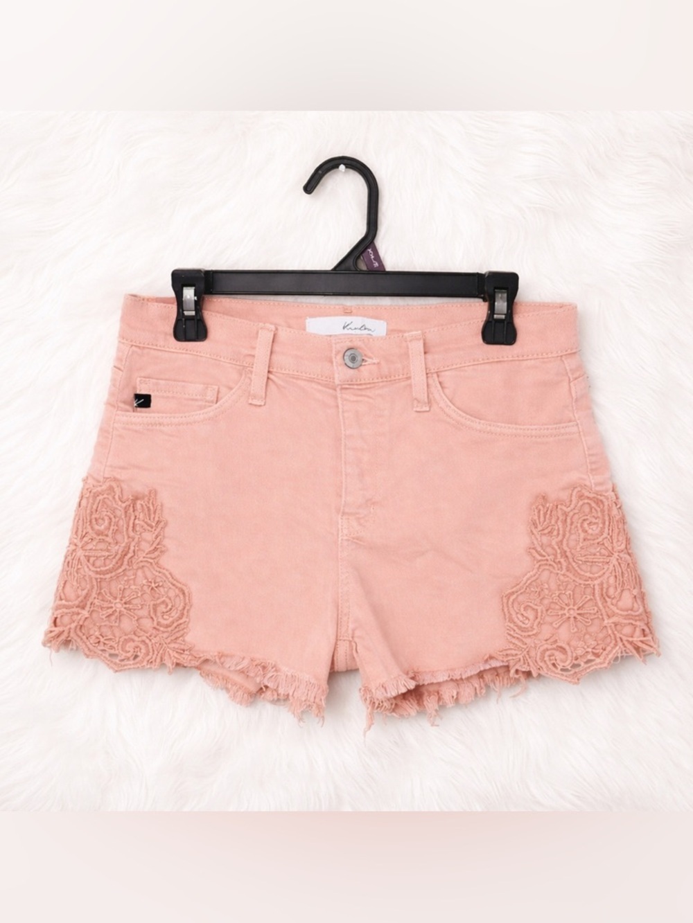 KanCan Pink Lace Crochet Denim Shorts Size 26 Boho Festival Raw Hem Stretch